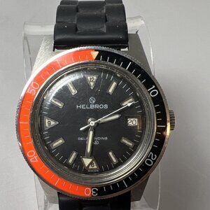 Vintage Helbros Elgin 351 Self Winding Steel Diver Date Watch 38mm 25 J Serviced